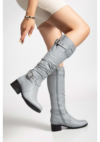 Kadın Hakiki Deri Körüklü Ayarlanabilir Tokalı Çizme - Gri fiyatları