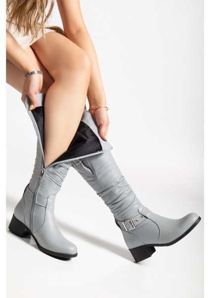 Kadın Hakiki Deri Körüklü Ayarlanabilir Tokalı Çizme - Gri modelleri