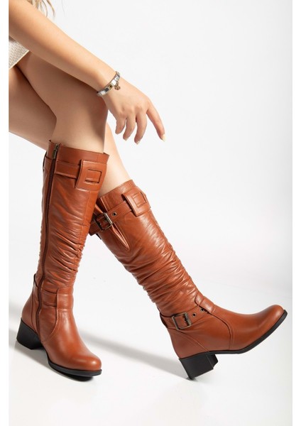 Kadın Hakiki Deri Körüklü Ayarlanabilir Tokalı Çizme - Kiremit