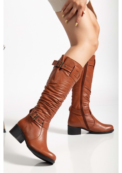 Kadın Hakiki Deri Körüklü Ayarlanabilir Tokalı Çizme - Kiremit fiyatları