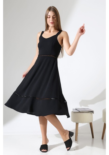 Siyah Keten Askılı Dantel Detaylı Çan Etek Midi Kadın Elbise Tasarım Büyük Beden