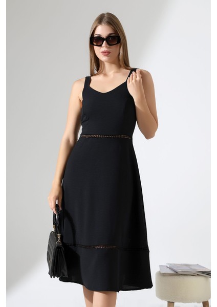 Siyah Keten Askılı Dantel Detaylı Çan Etek Midi Kadın Elbise Tasarım Büyük Beden fiyatları