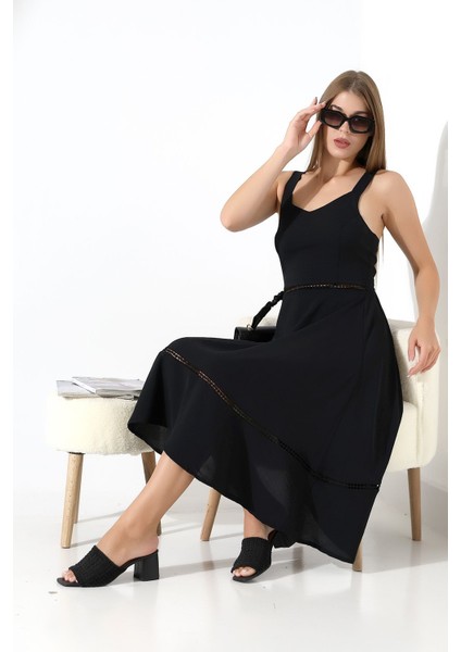 Siyah Keten Askılı Dantel Detaylı Çan Etek Midi Kadın Elbise Tasarım Büyük Beden modelleri