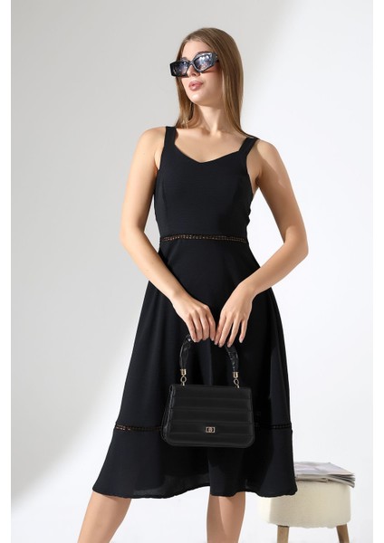 Siyah Keten Askılı Dantel Detaylı Çan Etek Midi Kadın Elbise Tasarım Büyük Beden indirimleri