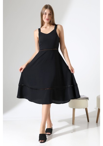 Siyah Keten Askılı Dantel Detaylı Çan Etek Midi Kadın Elbise Tasarım Büyük Beden