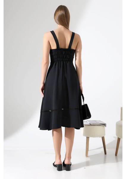 Siyah Keten Askılı Dantel Detaylı Çan Etek Midi Kadın Elbise Tasarım Büyük Beden