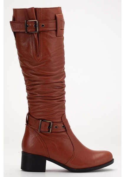 Kadın Hakiki Deri Körüklü Ayarlanabilir Tokalı Çizme - Kiremit fırsatları