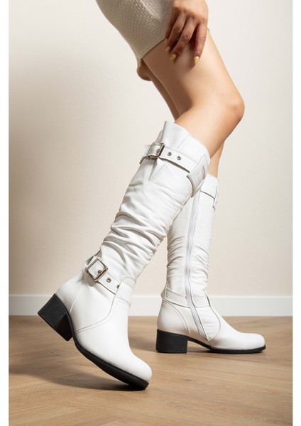 Kadın Hakiki Deri Körüklü Ayarlanabilir Tokalı Çizme - Beyaz