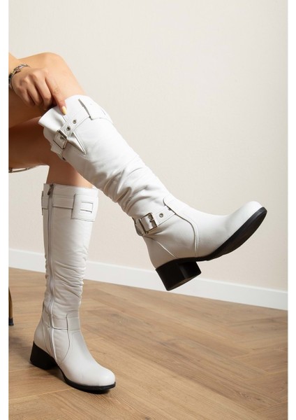 Kadın Hakiki Deri Körüklü Ayarlanabilir Tokalı Çizme - Beyaz fiyatları