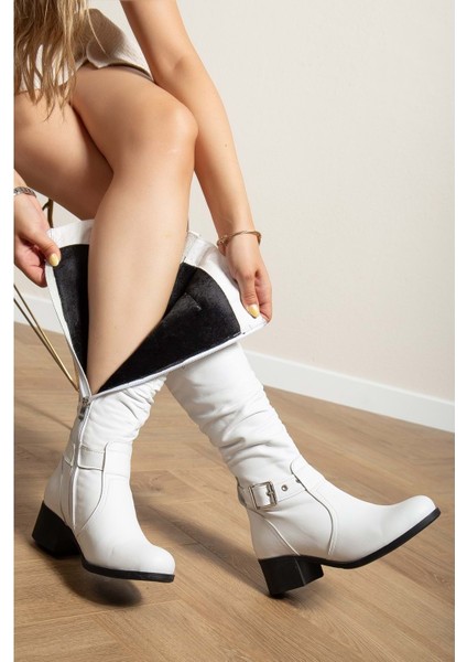 Kadın Hakiki Deri Körüklü Ayarlanabilir Tokalı Çizme - Beyaz modelleri
