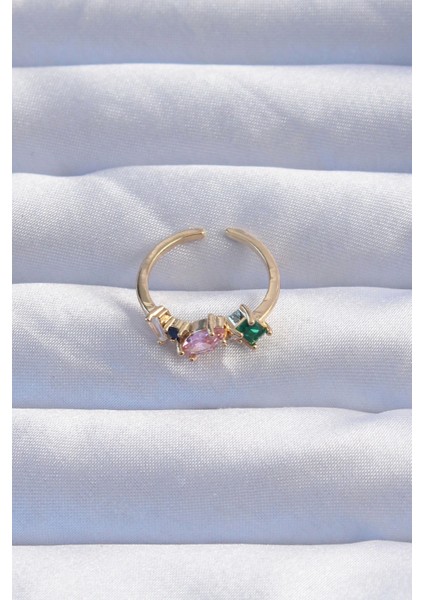 Pirinç Gold Renk Renkli Zirkon Taşlı Ayarlanabilir Yüzük fiyatları