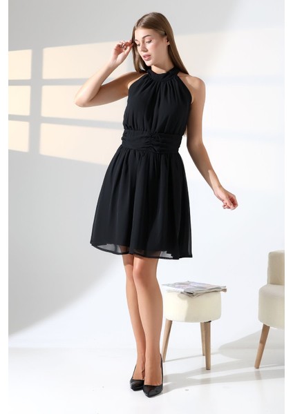 Siyah Şifon Kuşaklı Halter Yaka Mini Abiye Nikah Elbise Hediye Büyük Beden