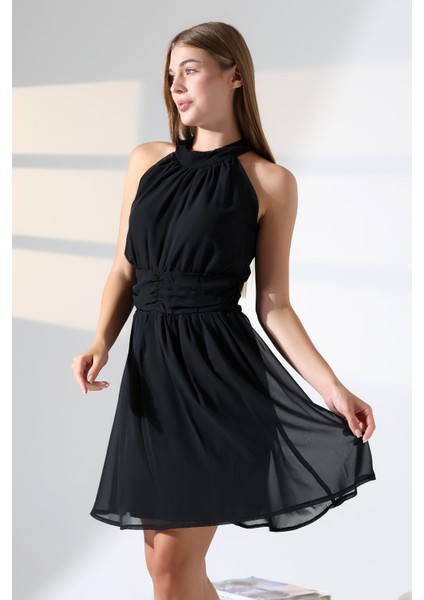 Siyah Şifon Kuşaklı Halter Yaka Mini Abiye Nikah Elbise Hediye Büyük Beden fiyatları