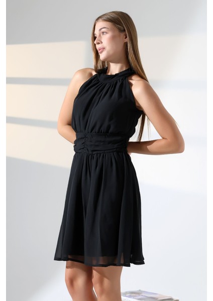 Siyah Şifon Kuşaklı Halter Yaka Mini Abiye Nikah Elbise Hediye Büyük Beden modelleri