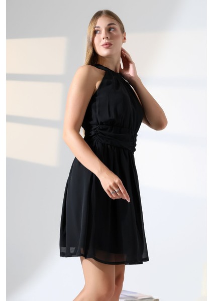 Siyah Şifon Kuşaklı Halter Yaka Mini Abiye Nikah Elbise Hediye Büyük Beden indirimleri