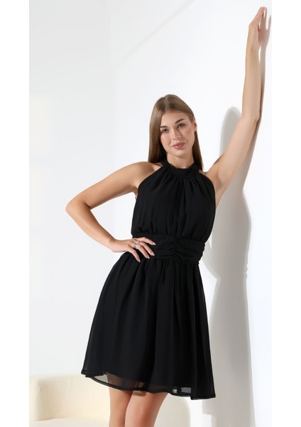 Siyah Şifon Kuşaklı Halter Yaka Mini Abiye Nikah Elbise Hediye Büyük Beden