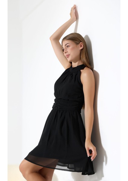 Siyah Şifon Kuşaklı Halter Yaka Mini Abiye Nikah Elbise Hediye Büyük Beden