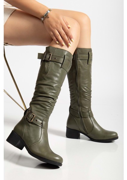 Kadın Hakiki Deri Körüklü Ayarlanabilir Tokalı Çizme - Yeşil