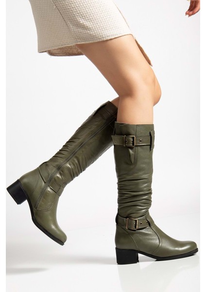 Kadın Hakiki Deri Körüklü Ayarlanabilir Tokalı Çizme - Yeşil fiyatları