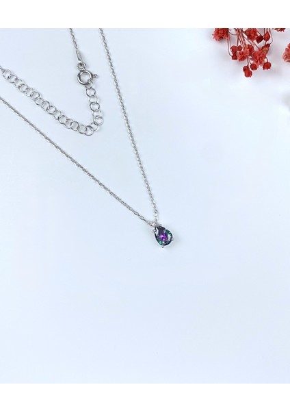 925 Ayar Gümüş Damla Kesim Çok Renkli Kolye