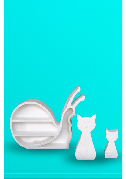 Taş Tozu Salyangoz ve Kedi Biblo Seti Dekoratif Beyaz Obje Hediyelik