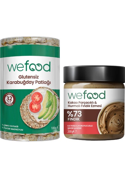 Kakao Parçacıklı Fındık Ezmesi 200 gr + Wefood Glutensiz Karabuğday Patlağı 100 gr