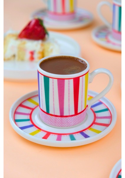 Porselen Color Stripe Kahve Fincan Takımı 90CC 2 Kişilik 4 Parça