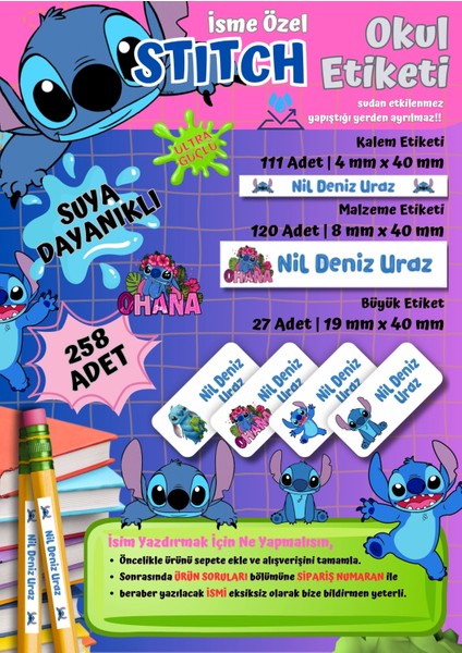 Stitch Temalı Kişiye Özel Suya Dayanıklı Okul Etiketi Seti - 258 Adet Isimli Etiket