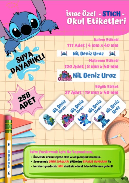 Stitch Temalı Kişiye Özel Suya Dayanıklı Okul Etiketi Seti - 258 Adet Isimli Etiket fiyatları