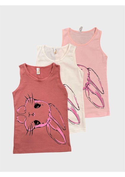 Kız Çocuk Pamuklu Mürdüm Beyaz Pembe Kedi Desenli 3 Lü Atlet Takımı