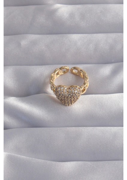 Pirinç Ayarlamalı Gold Renk Zirkon Taşlı Bombeli Kalp Yüzük fiyatları