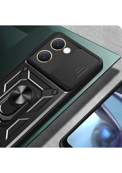 Vivo Y18 Kılıf Magnetik Standlı Kamera Korumalı Zore Sürgülü Vega Kapak - Mavi