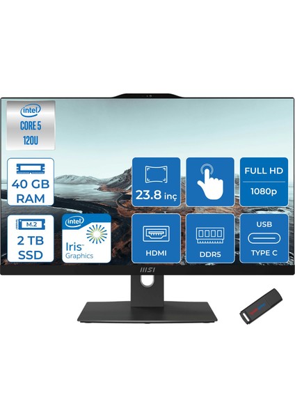 Msı Modern AM242TP Intel Core 5 120U 40GB Ddr5 2tb SSD Freedos 23.8 Inç FULLHD(1920×1080) Dokunmatik Siyah All In One Bilgisayar 1M1677XTRF19 +Zetta Flash Bellek