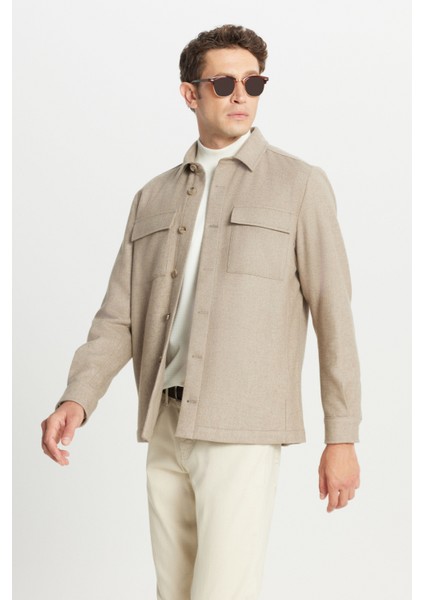 Yünlü Comfort Fit Rahat Kesim Gömlek Yaka Çift Kapak Cepli Mont