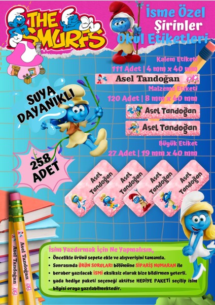 Şirinler (Kız) Temalı Kişiye Özel Suya Dayanıklı Okul Etiketi Seti – 258 Adet Isimli Çıkartma