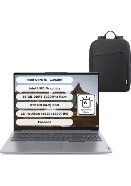 Thinkbook 16 G6 Irl GTICNT Intel Core I5 13420H 16GB 512GB SSD Freedos 16" Wuxga 21KH00SXTR + Çanta Hediyeli