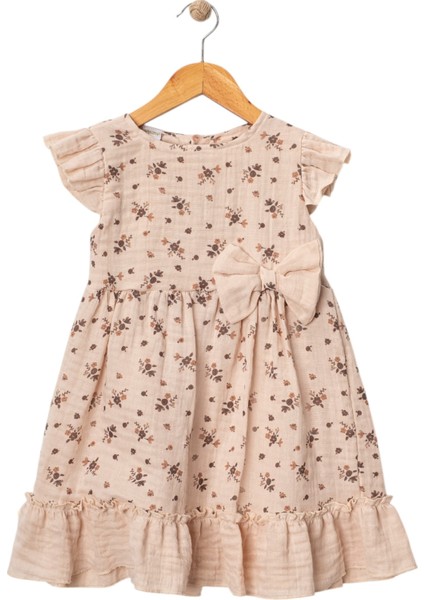Çiçek Desenli Müslin Elbise Bej