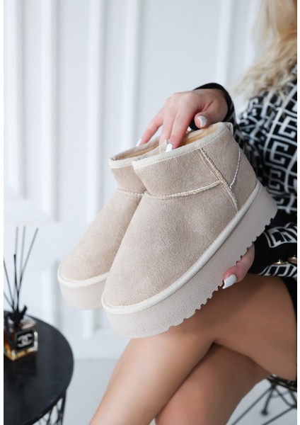 Bej Süet Yüksek Taban Kadın Düz Bot