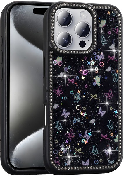 iPhone 16 Pro Max Kılıf Taşlı ve Simli Tasarım Mkst Azra Kapak - Gold fiyatları