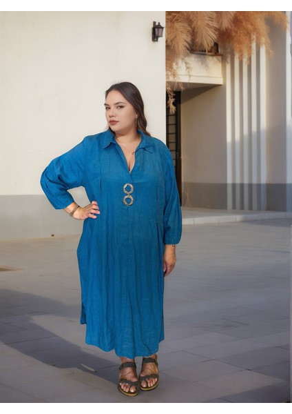 Premıum %100 Natural Keten Aksesuar Detaylı Sırt Pile Detaylı Elbise