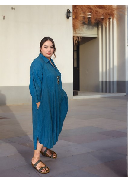 Premıum %100 Natural Keten Aksesuar Detaylı Sırt Pile Detaylı Elbise fiyatları