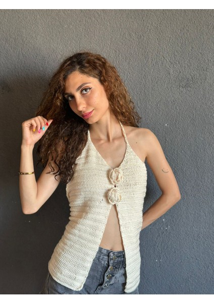 El Örgüsü Çiçekli Bağlama Kadın Bluz Büstiyer