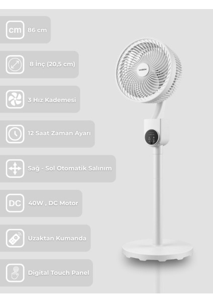 8 Inch Otomatik Sağ Sol Salınımlı Uzaktan Kumandalı Dokunmatik Ekran 86 cm Zaman Ayarlı Vantilatör