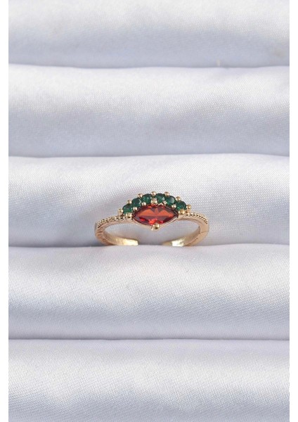 Pirinç Altın Renk Renkli Zirkon Taşlı Ayarlanabilir Karpuz Model Yüzük