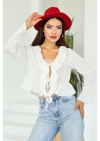 Kadın Beyaz Regular Fit Bağlamalı Krinkıl Dokulu Fırfırlı Uzun Kollu Bluz , Kadın Önden Bağlamalı Bluz