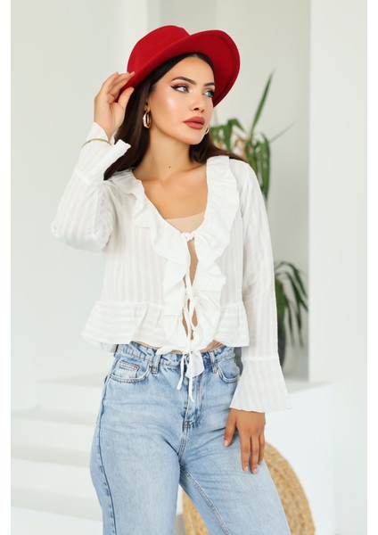 Kadın Beyaz Regular Fit Bağlamalı Krinkıl Dokulu Fırfırlı Uzun Kollu Bluz , Kadın Önden Bağlamalı Bluz fiyatları