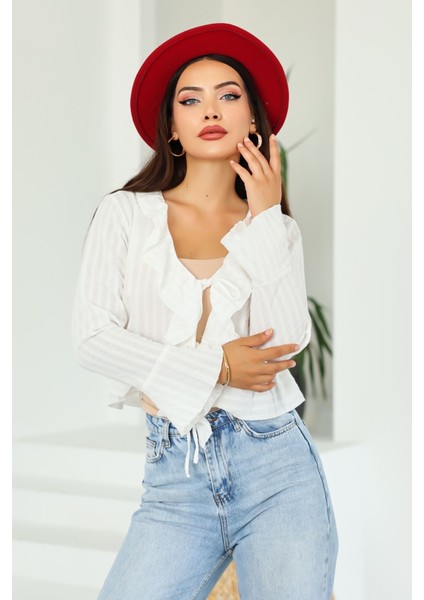 Kadın Beyaz Regular Fit Bağlamalı Krinkıl Dokulu Fırfırlı Uzun Kollu Bluz , Kadın Önden Bağlamalı Bluz indirimleri