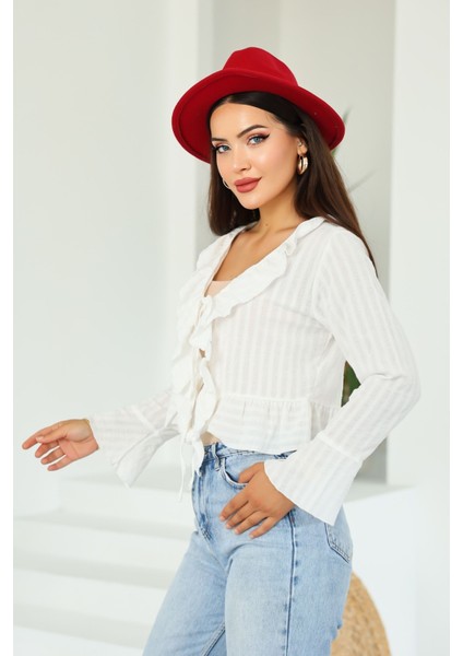 Kadın Beyaz Regular Fit Bağlamalı Krinkıl Dokulu Fırfırlı Uzun Kollu Bluz , Kadın Önden Bağlamalı Bluz
