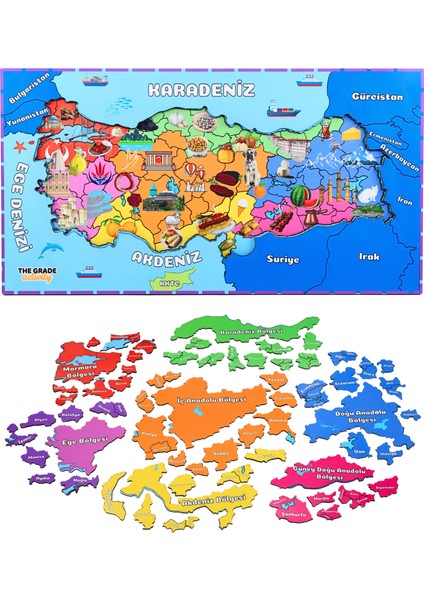 Türkiye Haritası Puzzle,3 Katmanlı, Bölgeler,şehirler ve Meşhur Simgeler,eğitici Puzzle,51 x 27 Cm.
