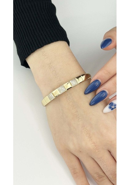 Zirkon Taşlı, Altın Kaplama, Paslanmaz Çelik Kelepçe Bileklik 159, Altın Renk